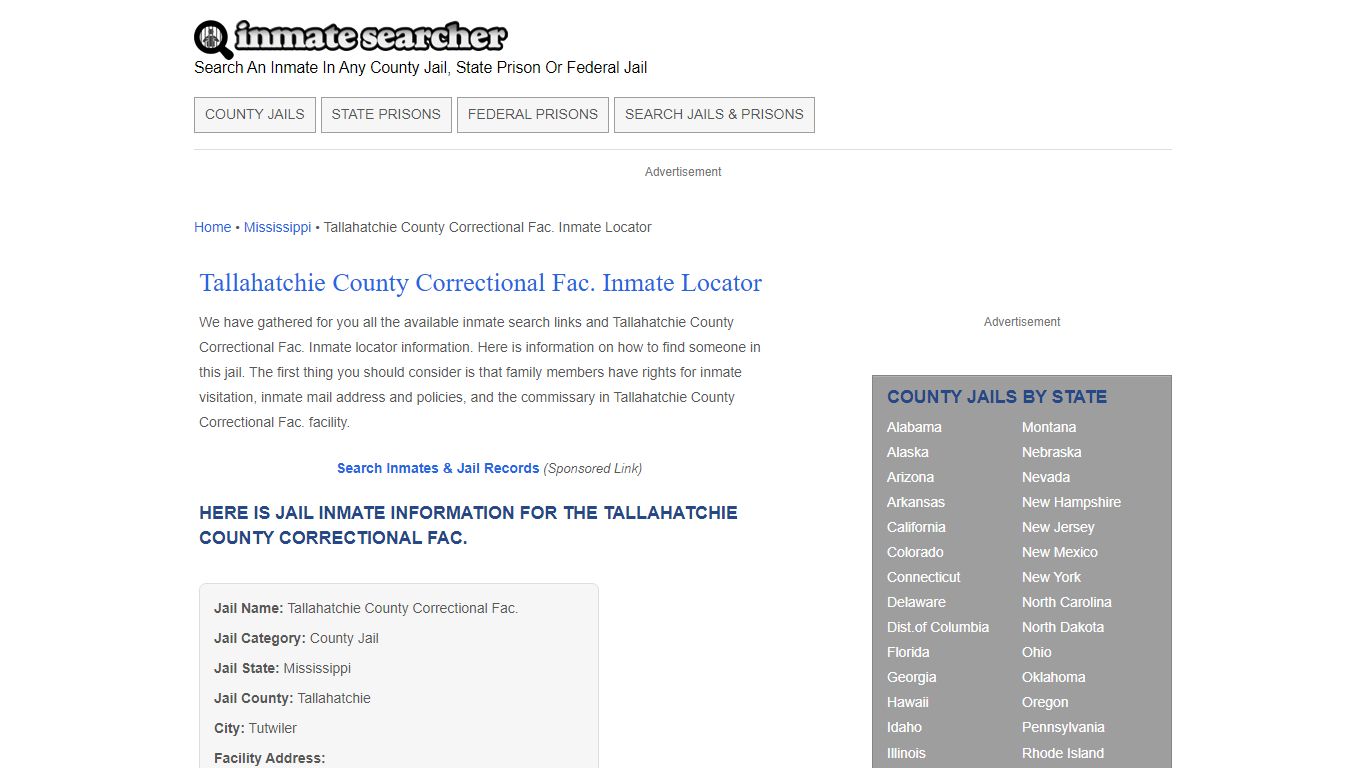 Tallahatchie County Correctional Fac. Inmate Locator - Inmate Searcher